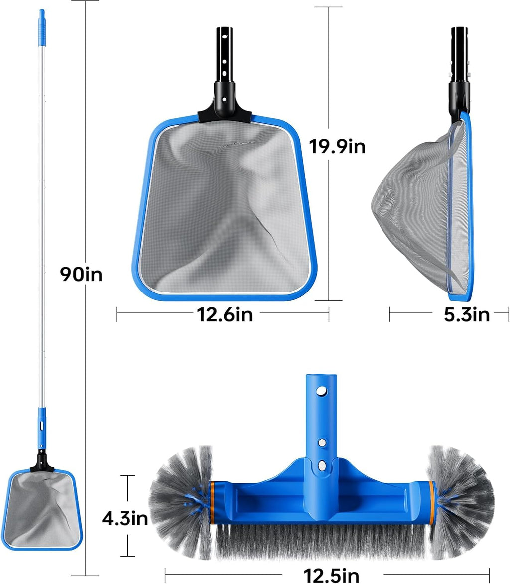 Deluxe Swimming Pool Cleaning Kit Including Half-Deep Fine Mesh Pool Leaf Skimmer Net,12" Round Pool Brush Head & 70.5" Pole, for Above Ground Pools, Ponds, Spas, Hot Tubs