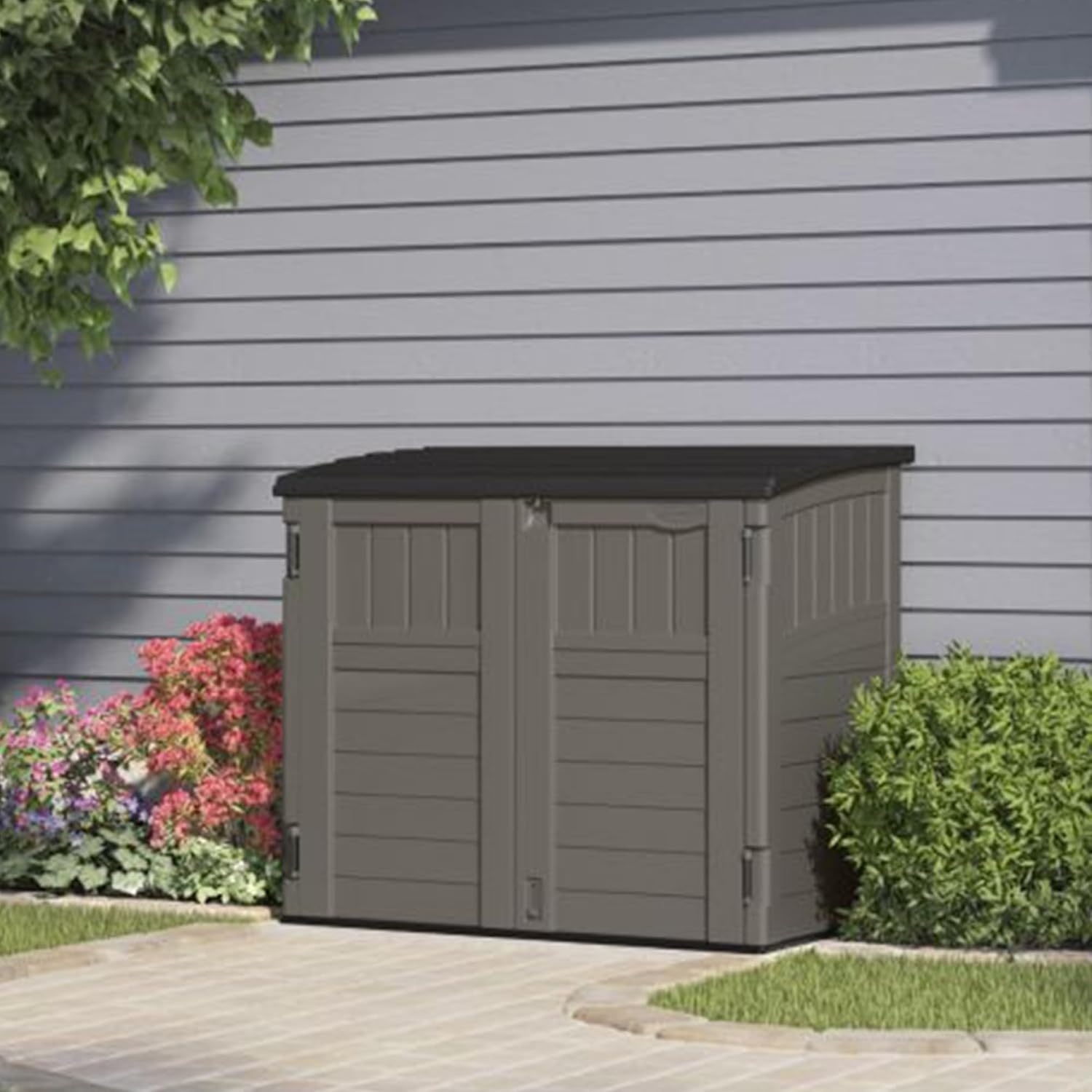 34 Cu Ft Horizontal Resin Storage Shed - Outdoor Storage Shed with Floor Included, Lockable, Weatherproof, Fits Small to Medium Trash Cans, Generators, & Garden Tools, Stoney Black
