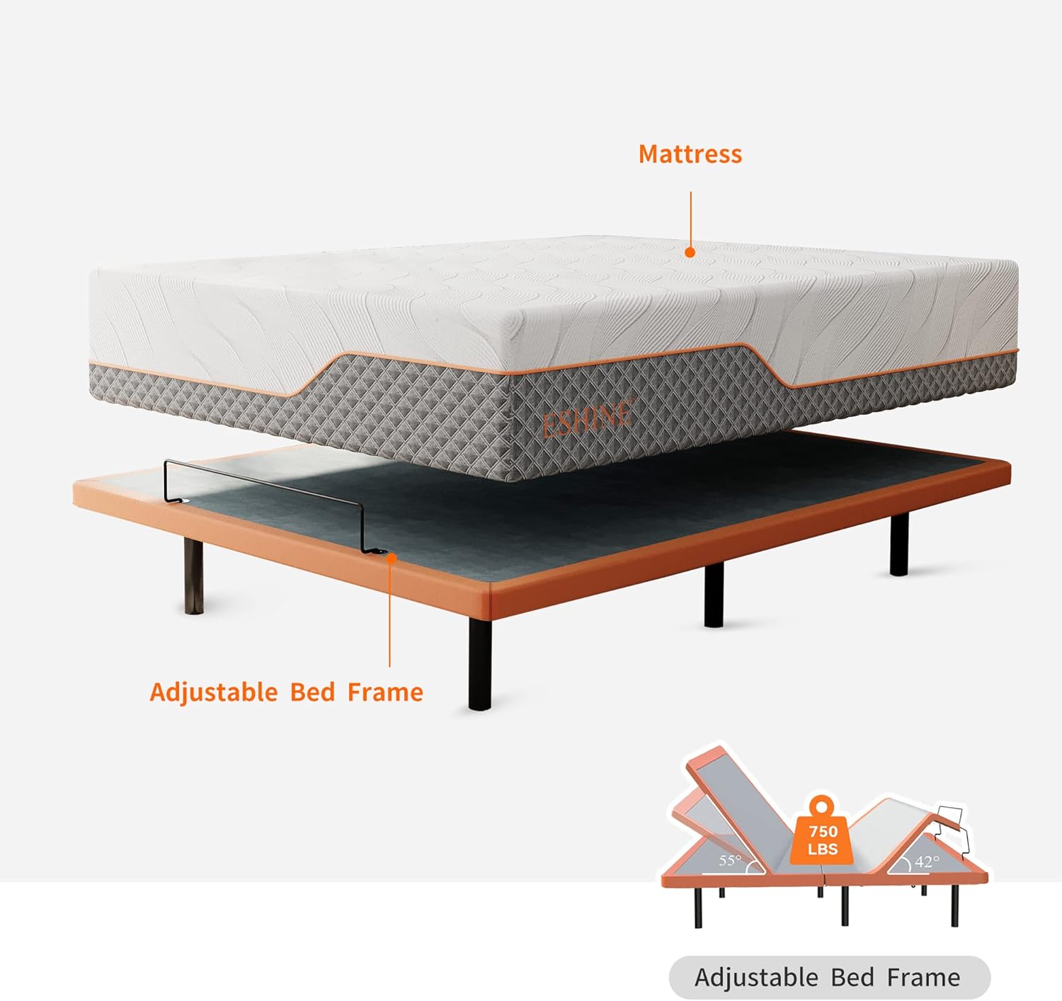 Queen Adjustable Bed Frame - 14“ Luxury Gel Memory Foam Hybrid Mattress, 5 Minutes Installation, 609 Independent Pocket Springs, Massage, Medium Soft, 3000 Premium Series