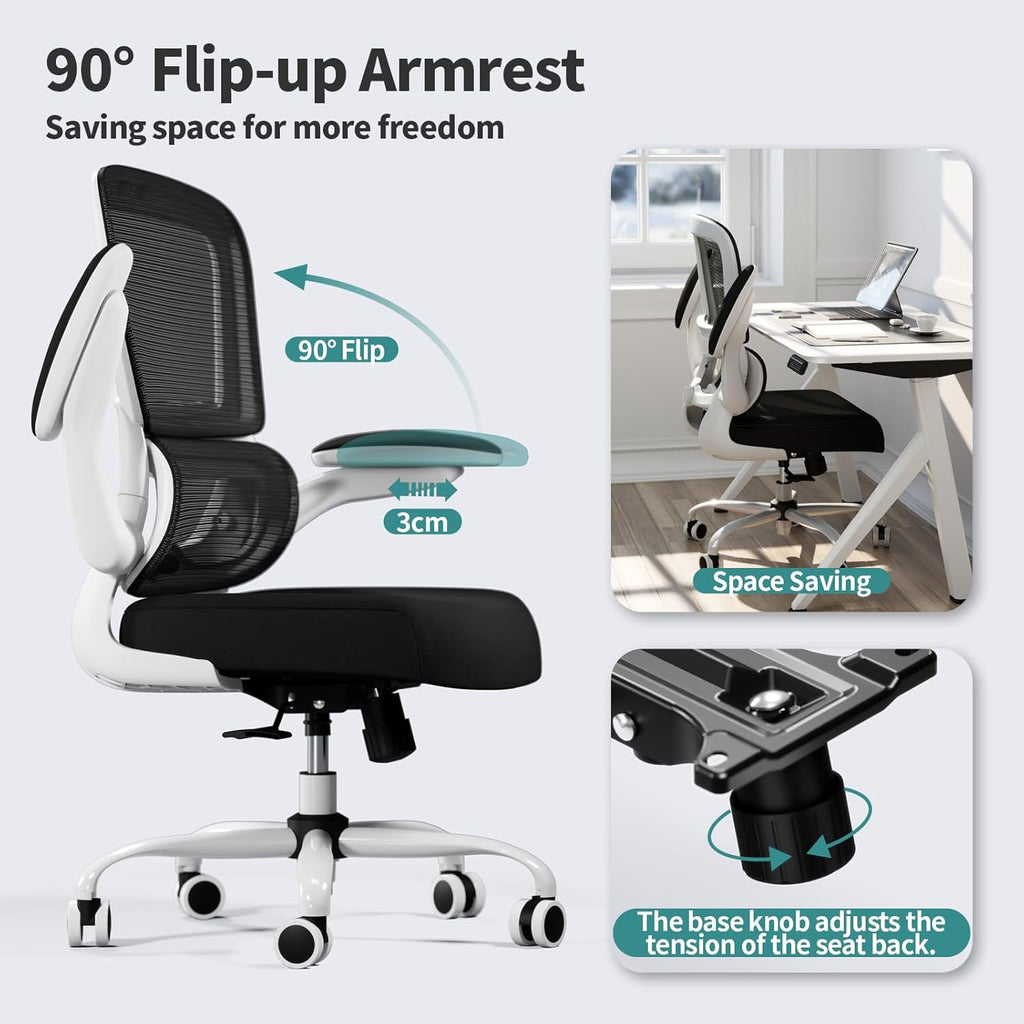Office Chair - Ergonomic Desk Chair with Adjustable Lumbar Support, Mesh Computer Chair, Executive Chairs for Home Office Comfortable Lumbar Support (White+Black)