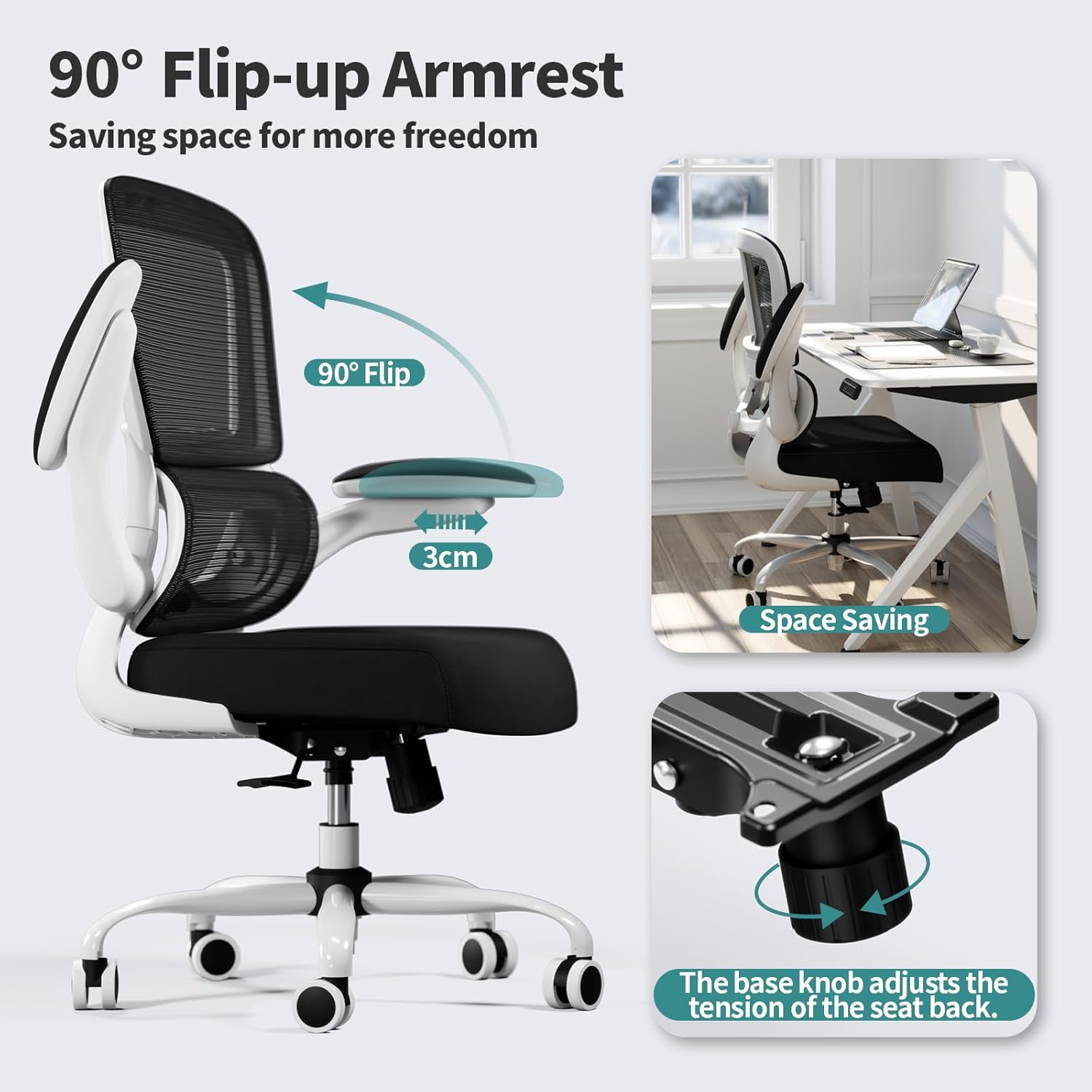 Office Chair - Ergonomic Desk Chair with Adjustable Lumbar Support, Mesh Computer Chair, Executive Chairs for Home Office Comfortable Lumbar Support (White+Black)