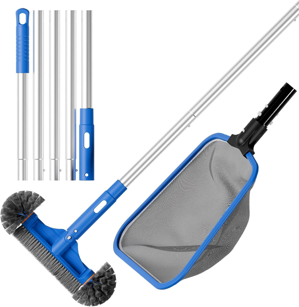 Deluxe Swimming Pool Cleaning Kit Including Half-Deep Fine Mesh Pool Leaf Skimmer Net,12" Round Pool Brush Head & 70.5" Pole, for Above Ground Pools, Ponds, Spas, Hot Tubs
