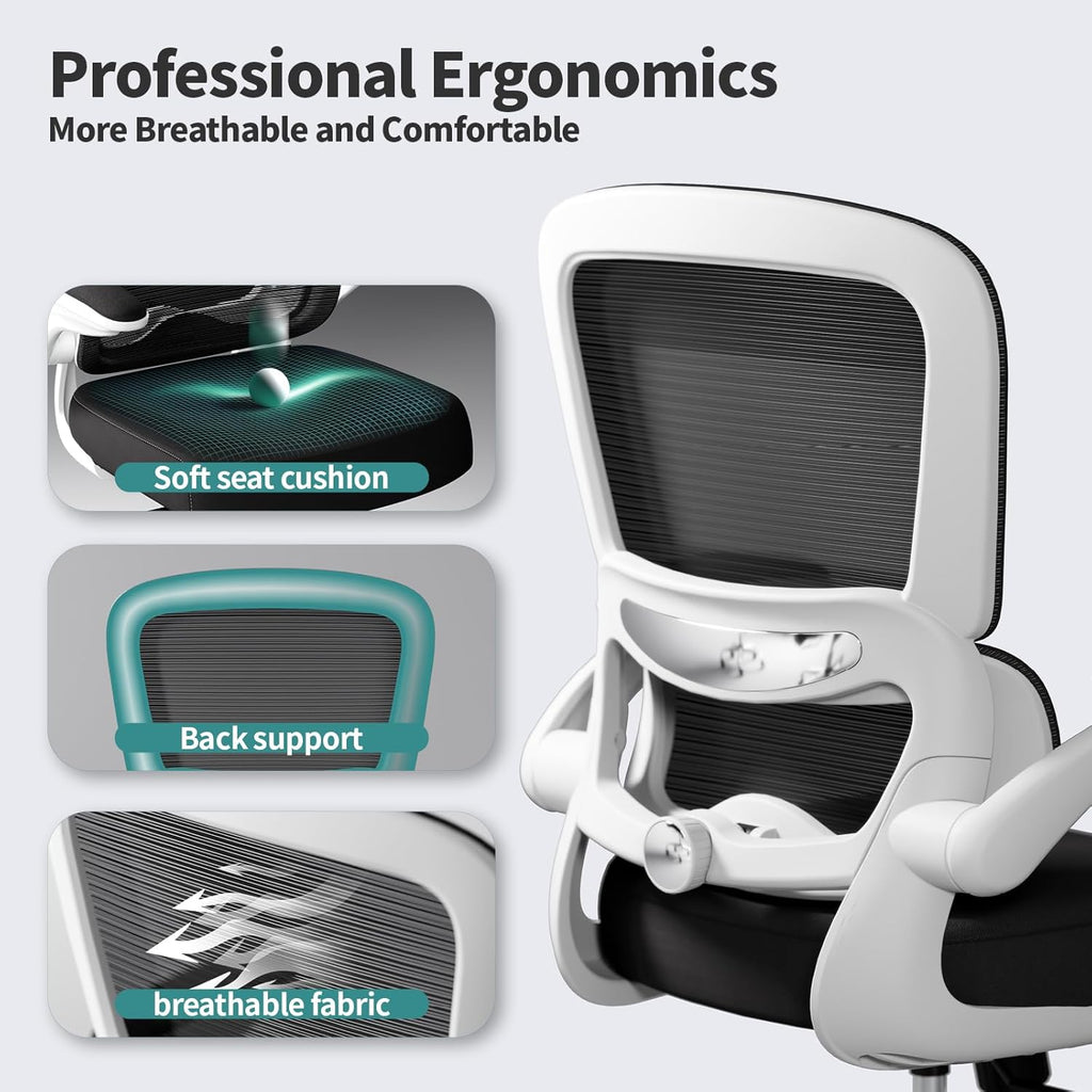 Office Chair - Ergonomic Desk Chair with Adjustable Lumbar Support, Mesh Computer Chair, Executive Chairs for Home Office Comfortable Lumbar Support (White+Black)