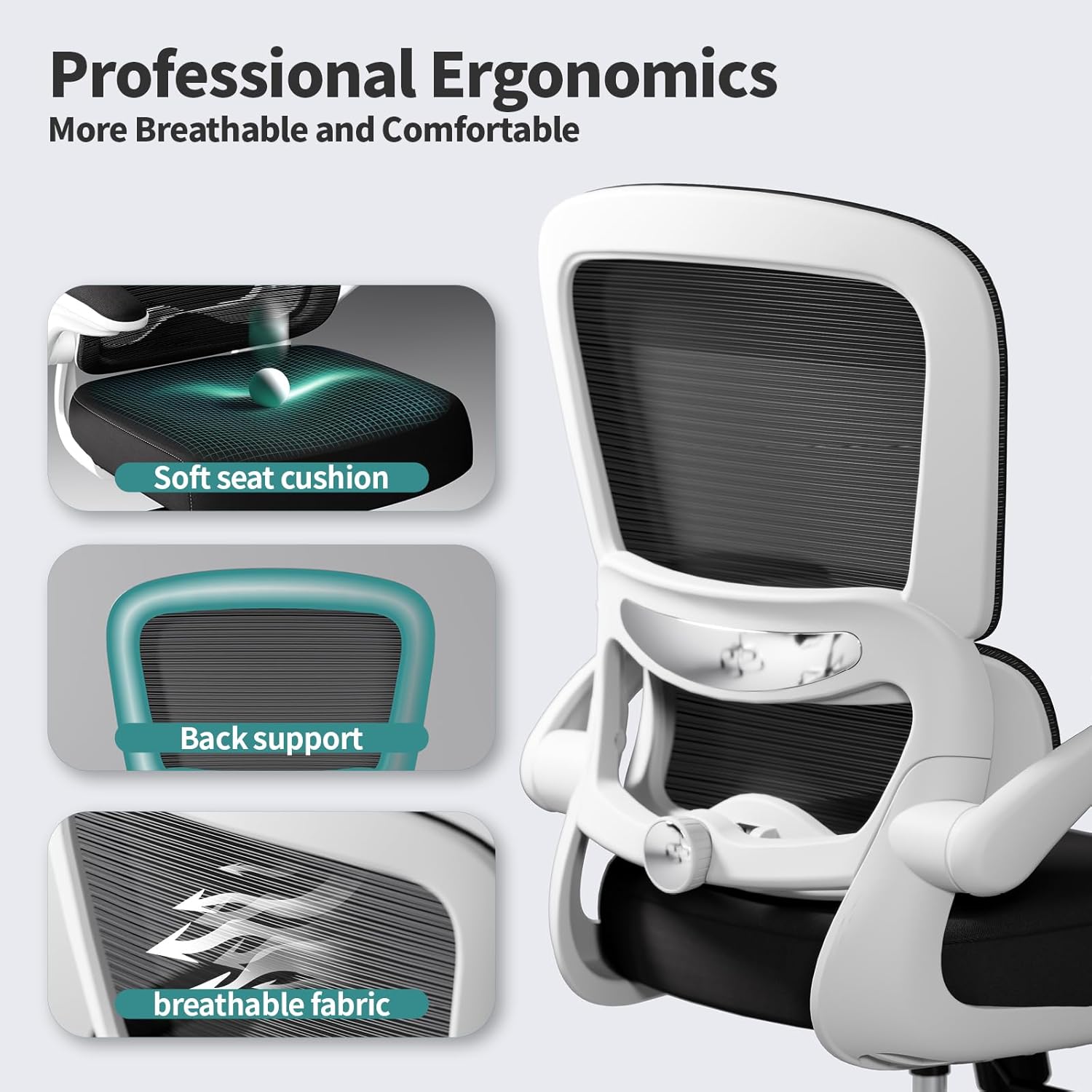 Office Chair - Ergonomic Desk Chair with Adjustable Lumbar Support, Mesh Computer Chair, Executive Chairs for Home Office Comfortable Lumbar Support (White+Black)