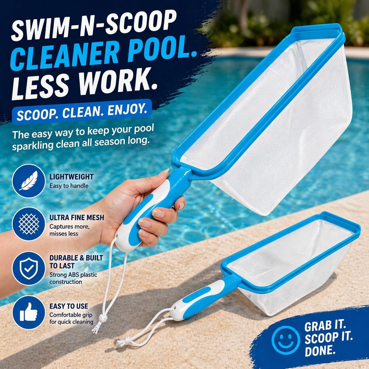 Swim-N-Scoop in-Pool Handheld Skimmer Net for Scooping Debris, Leaves, and Bugs While Swimming