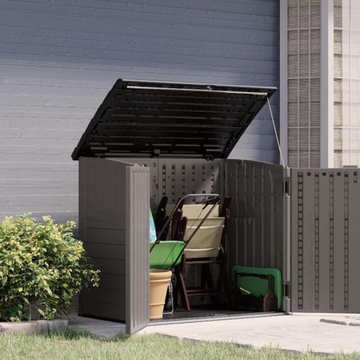 34 Cu Ft Horizontal Resin Storage Shed - Outdoor Storage Shed with Floor Included, Lockable, Weatherproof, Fits Small to Medium Trash Cans, Generators, & Garden Tools, Stoney Black