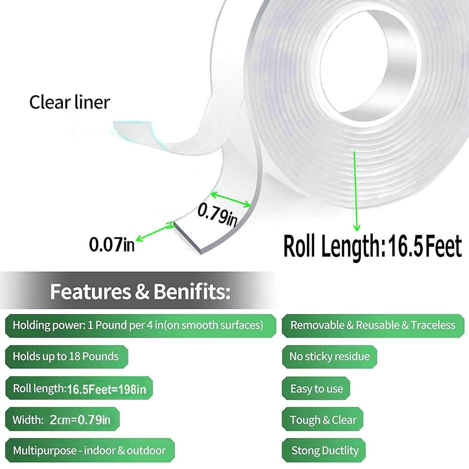 Extra Large Double Sided Tape Heavy Duty Removable 0.79 Inch x 196 Inch