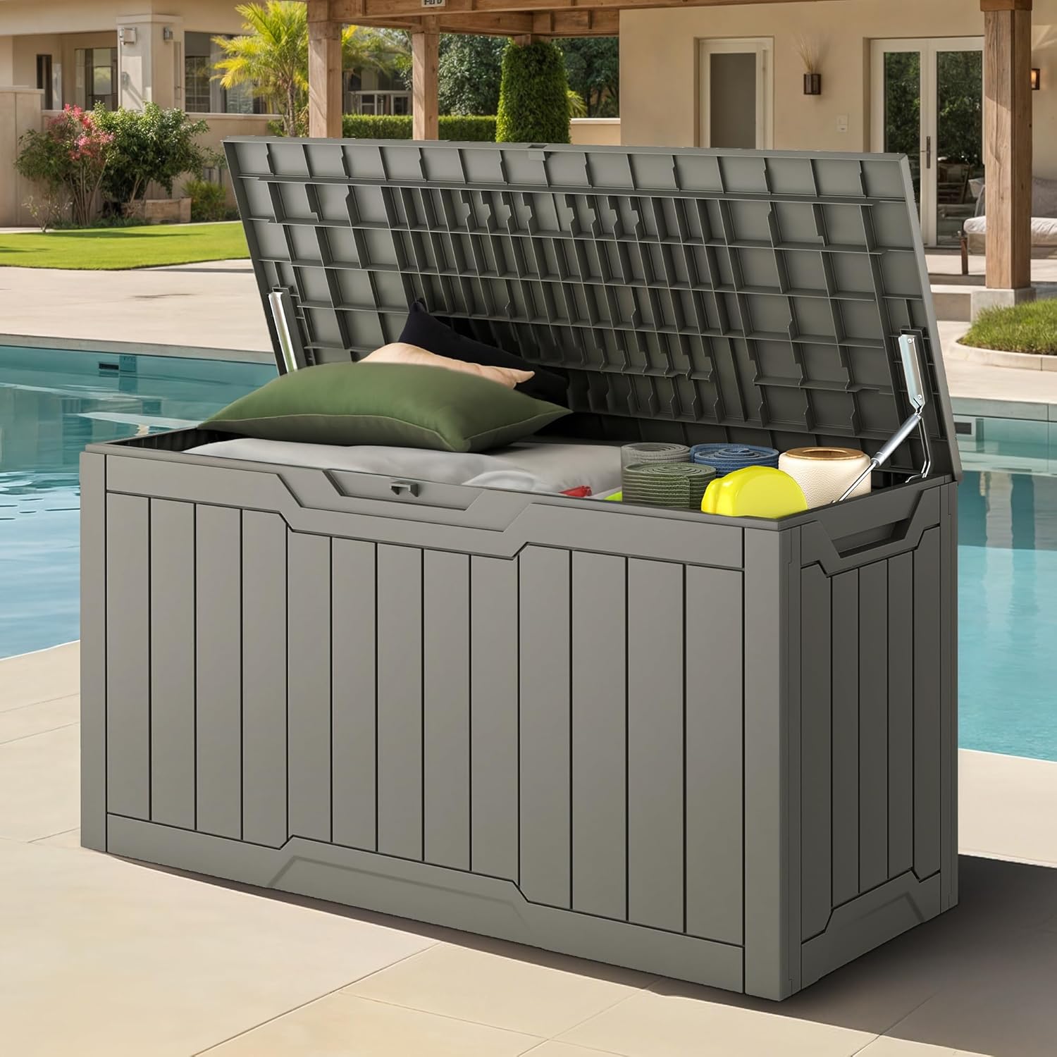 80-Gallon Waterproof Resin Outdoor Storage Box, Lockable Storage Container for Outdoor Furniture, Cushion Storage, Pool Accessories, Garden Tools and Sporting Gear, Taupe