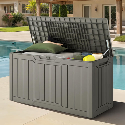 80-Gallon Waterproof Resin Outdoor Storage Box, Lockable Storage Container for Outdoor Furniture, Cushion Storage, Pool Accessories, Garden Tools and Sporting Gear, Taupe