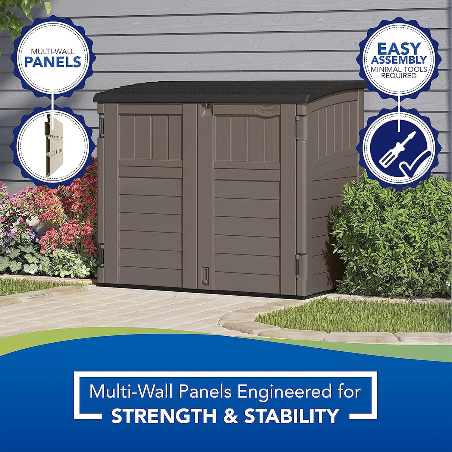 34 Cu Ft Horizontal Resin Storage Shed - Outdoor Storage Shed with Floor Included, Lockable, Weatherproof, Fits Small to Medium Trash Cans, Generators, & Garden Tools, Stoney Black