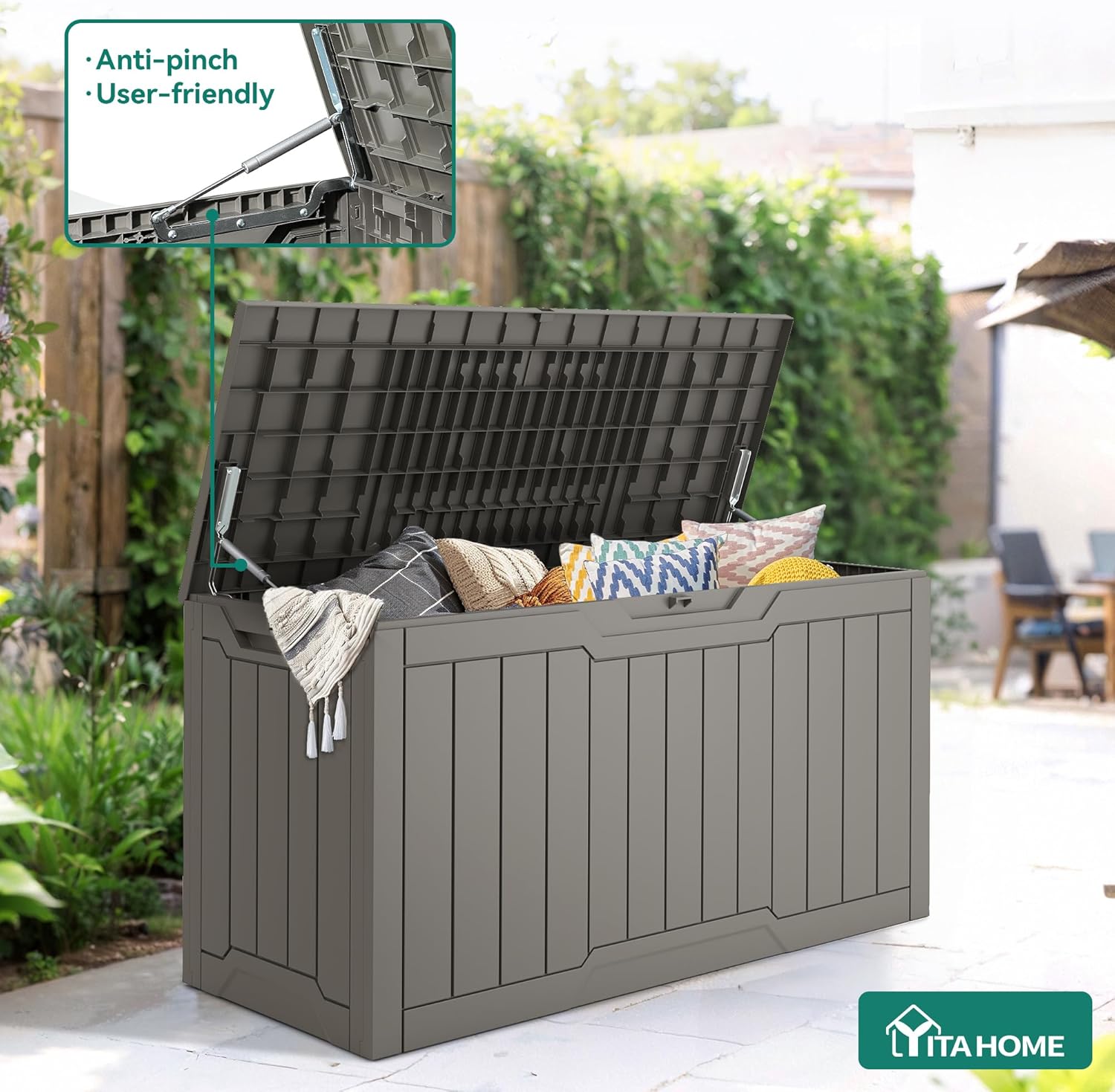 80-Gallon Waterproof Resin Outdoor Storage Box, Lockable Storage Container for Outdoor Furniture, Cushion Storage, Pool Accessories, Garden Tools and Sporting Gear, Taupe