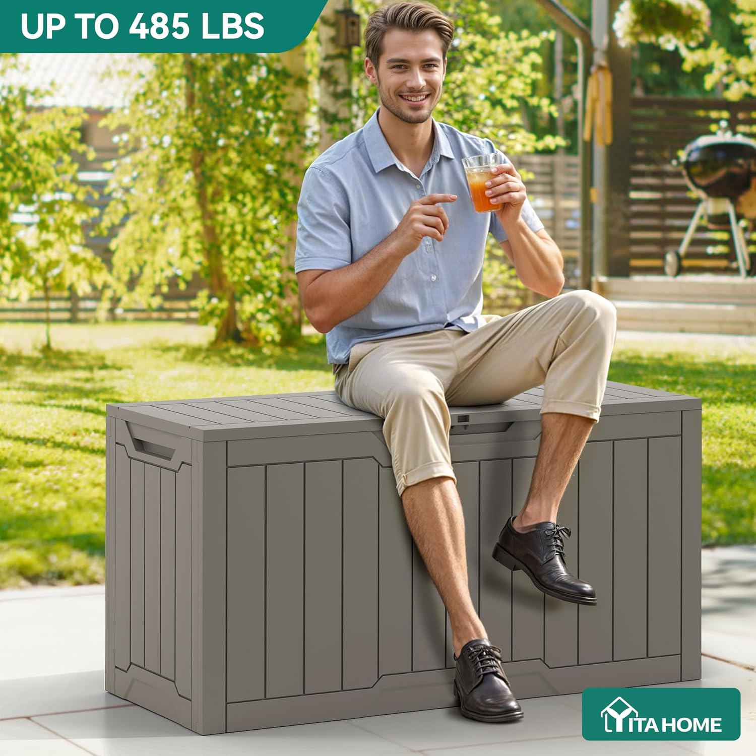 80-Gallon Waterproof Resin Outdoor Storage Box, Lockable Storage Container for Outdoor Furniture, Cushion Storage, Pool Accessories, Garden Tools and Sporting Gear, Taupe