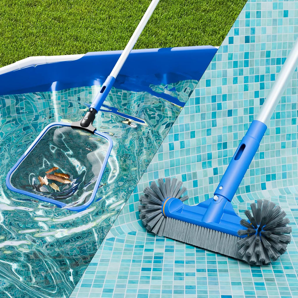Deluxe Swimming Pool Cleaning Kit Including Half-Deep Fine Mesh Pool Leaf Skimmer Net,12" Round Pool Brush Head & 70.5" Pole, for Above Ground Pools, Ponds, Spas, Hot Tubs